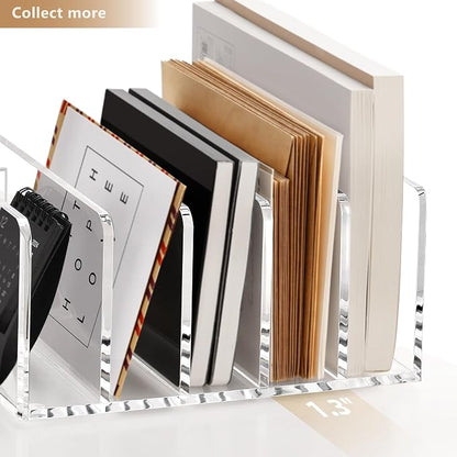 SANRUI Acrylic Mail Sorter Desktop Organizer with Pen Holder, 5 Compartments Clear Small File Script Letter Document Storage for Desk Bill Filling Envelope Holder Office, Home, School Organization