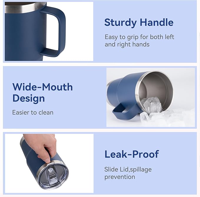 20oz Tumbler with Lid, Stainless Steel Tumbler with Handle, Metal Insulated Travel Coffee Mug with Handle, Double Wall Vacuum Spill Proof Tumbler Cup, Navy 1 Pack