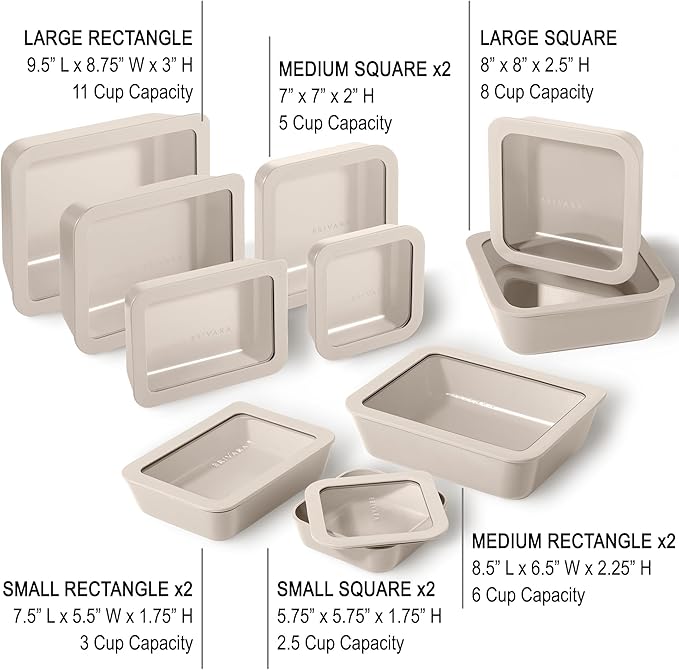 BRIVARA HOME Ceramic Coated Glass Food Storage Containers | No PTFE, PFOA, PFAS, and BPA | Reusable Non Toxic Meal Prep Containers with Glass Lids | Easy To Store | 10 Piece Set [Crema]