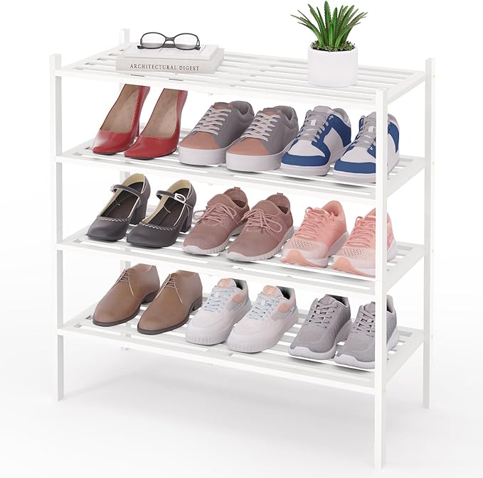 Smiry Bamboo Shoe Rack 4-Tier, Stackable Wooden Shoe Organizer for Entryway & Closet, Free Standing Wood Shoe Storage Shelf for Front Door & Small Spaces, White
