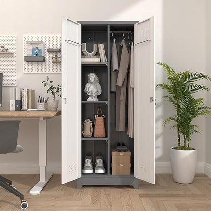 65" H Locking Storage Cabinet,Metal Broom Storage Cabinet with Doors and Adjustable Shelves,Steel Tall Garage Cabinet with Pegboard and Hanging Rod for Home Office,School,Gym,Grey-White
