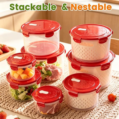 TBMax 8 Pieces Airtight Fruit Storage Containers for Fridge with Air Circulation Vent, 4 Pack Round Produce Saver with Colander for Berry Lettuce Salad Vegetable Storage, Refrigerator Organizers -Red