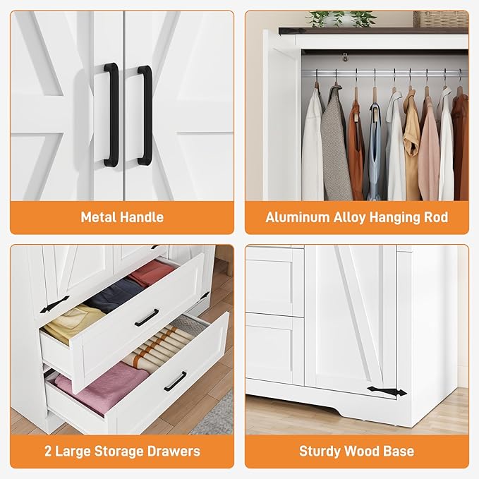 St.Mandyu Farmhouse Wardrobe Armoire Closet with 3 Doors and 2 Drawers, 70.1" Wooden Clothing Storage Cabinet, Freestanding Large Capacity Storage Wardrobe Armoire with Hanging Rod for Bedroom, White