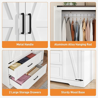 St.Mandyu Farmhouse Wardrobe Armoire Closet with 3 Doors and 2 Drawers, 70.1" Wooden Clothing Storage Cabinet, Freestanding Large Capacity Storage Wardrobe Armoire with Hanging Rod for Bedroom, White