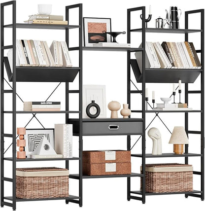 NUMENN Bookcases and Bookshelves Triple Wide 5 Tier Bookshelf, Large Etagere Bookshelf with Storage Drawer, Adjustable Open Display Shelves for Living Room, Bedroom, Home Office, Black