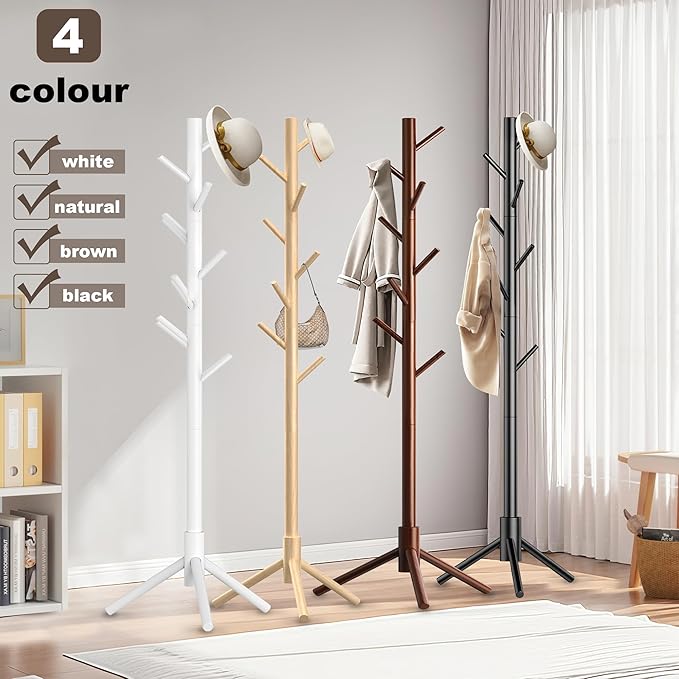 Wooden Coat Rack Stand, Freestanding Coat Rack with 8 Hooks, 3 Adjustable Size Coat Tree for Hats, Coats, Scarves bags, Coat Hanger Stand Used in Bedroom/Office/Entryway （White）