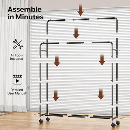 Simple Trending Clothing Clothes Rack Double Rods with Wheels, Rolling Metal Garment Rack for Hanging, Black