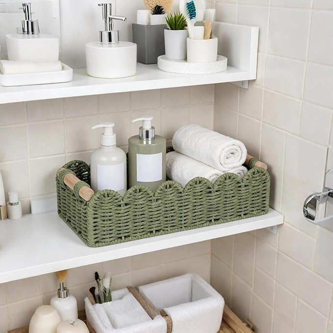 CubesLand Scalloped Decor Basket for Living Room, Home, Bathroom, 2SAME SIZE Paper Rope Basket, Toilet Storage Baskets for Over Toilet Storage Shelf, Cozy Woven Basket Both Storage&Decor, Green