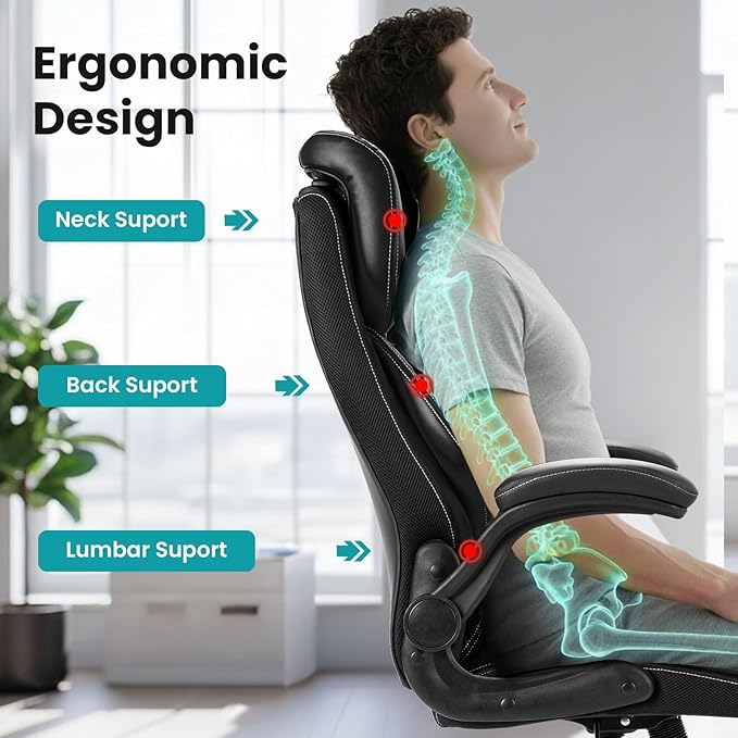 Big and Tall Executive Office Chair 400lbs for Heavy People, Ergonomic Computer Desk Chair with Lumbar Support & Adjustable Headrest, Comfy High Back Leather Office Chairs for Back Pain Relief, Black