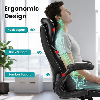 Big and Tall Executive Office Chair 400lbs for Heavy People, Ergonomic Computer Desk Chair with Lumbar Support & Adjustable Headrest, Comfy High Back Leather Office Chairs for Long Sitting, Black