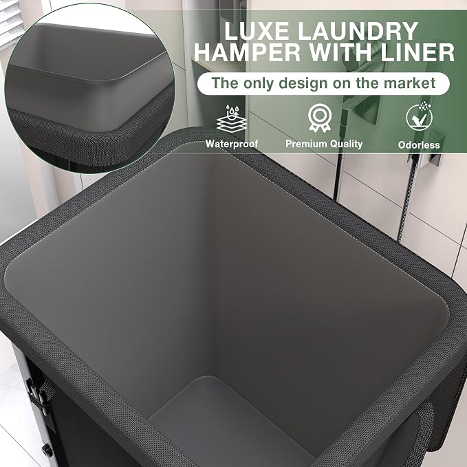 40 Gal(150L) Laundry Basket with Lid, Rolling Laundry Hamper with Wheels, Dirty Clothes Hamper with Metal Frame and Removable Bag Design, Suitable for Laundry Room, Bedroom - Black