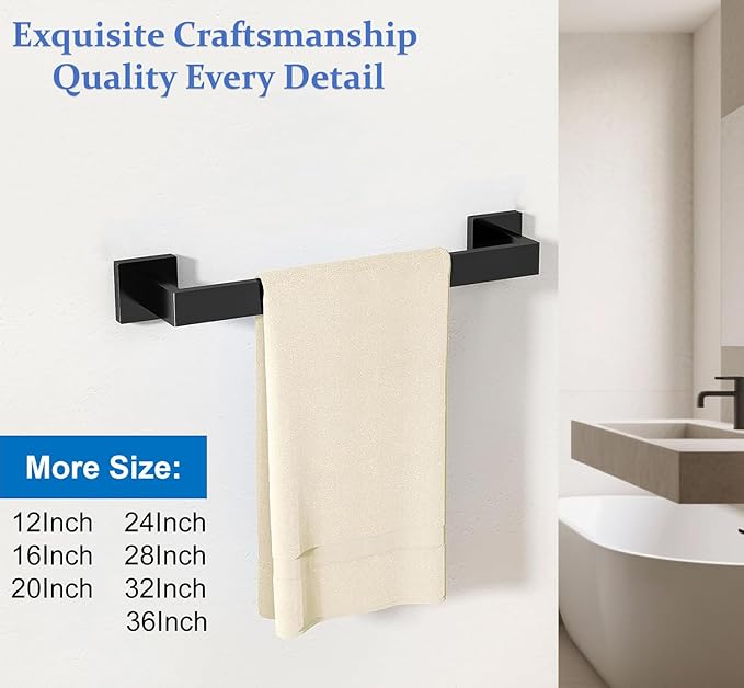 Towel Bar for Bathroom 12 Inch Matte Black Towel Holder 12/16/20/24/28/32/36 Inch Stainless Steel SUS304 Rustproof Towel Rack Modern Square Towel Rod for Bathroom Wall (1, Matte Black, 12 Inch)