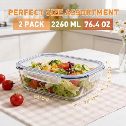 Liuruiyu 2 Pack 2260ml/76.4oz Glass Food Storage Containers with Lids, Meal Prep Containers, Airtight Bento Boxes with Leak Proof Locking for Microwave, Oven, Freezer and Dishwasher, BPA Free