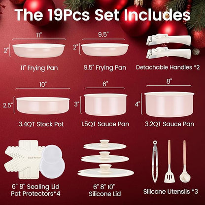 Chef Power Ceramic Nonstick Pots and Pans Set 19 Piece with Detachable Handle, Induction Dishwasher Oven Safe Cookware Set, RV Kitchen Set Removable Handle (Light Pink)