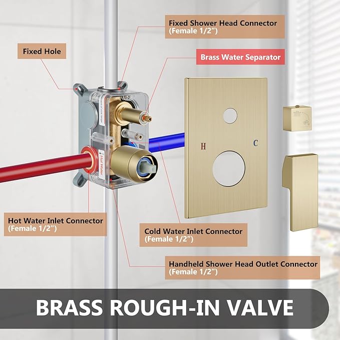 Shower Faucet Set Rainfall Shower System with Square Showerhead and Handle Set Fixture with 2 in 1 Function Handheld Sprayer Wall Mounted Trim Repair Kit Rough-in Valve 8 Inch Brushed Gold