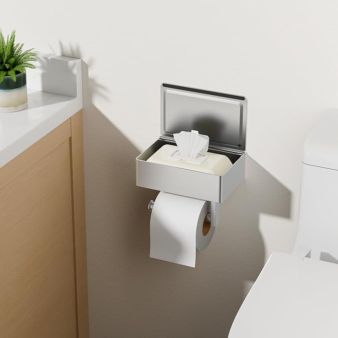 FORIOUS Toilet Paper Holder with Shelf, Sanitary Napkin Receptacle Tampon Holder, Wall Mount Toilet Paper Holder with Storage, Flushable Wipes Dispenser Fits for Bathroom Commercial(1, Brushed Nickel)