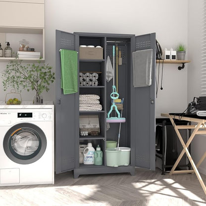 72.8" H Storage Cabinets,Broom Closet Storage Cabinet with Adjustable Shelves,Metal Lockable Storage Cabinet with Locking Doors,Tall Utility Cabinets for Garage,Laundry,Office,Grey