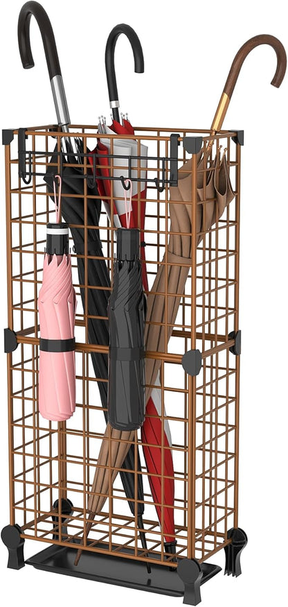 AWTATOS Umbrella Holder Entryway, Umbrella Stand Freestanding, Metal Square Umbrella Rack Organizer with a Removable Drip Tray, Hooks, Brown