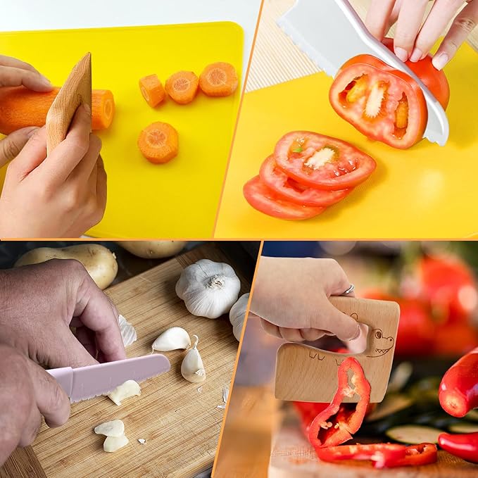 11 Pieces Wooden Kids Kitchen Knife, Pink Kids Knife Set Include Wood Kids Knife, Serrated Edges Plastic Toddler Knife, Crinkle Cutter, Sandwich Cutter, Y Peeler, Cutting Board