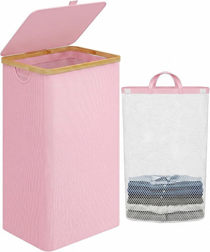 iEGrow Laundry Hamper with Lid, 110L Large Laundry Basket with Handle and Lid, Collapsible Clothes Basket Organizer with Removable Inner Bag for Clothes Towels,Pink