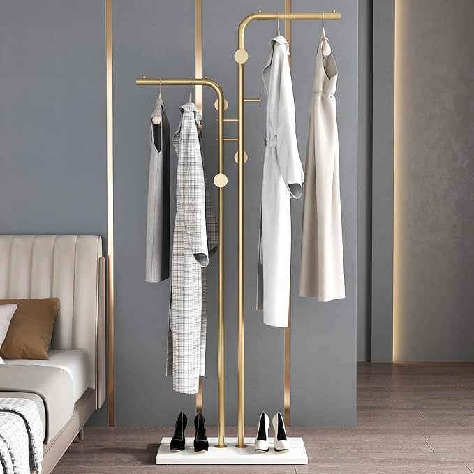TIEOU Double-pole Metal Coat Rack, Gold Coat Rack Freestanding with 5 Hooks and Marble Base, Gold Clothing Rack, Modern Coat Hanger Stand for Entryway, Living Room, Bedroom