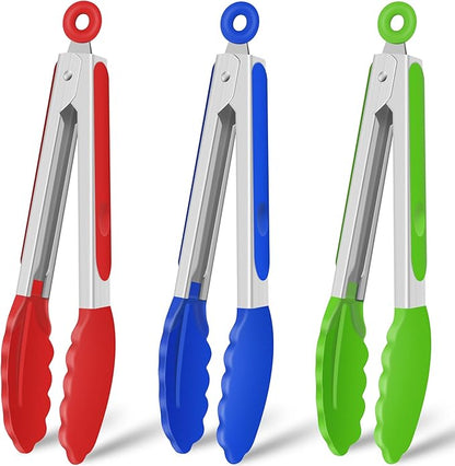 Hotec Silicone Kitchen Tongs for Cooking 9-Inch Serving Tongs with Silicone Tips, Set of 3 (Red Blue Green)