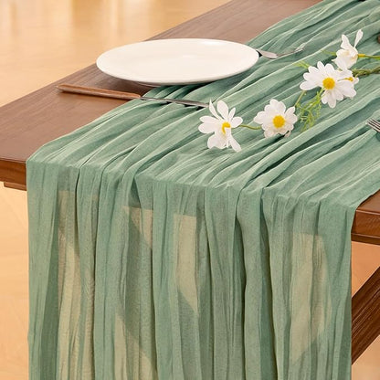 Socomi Sage Green Cheesecloth Table Runner Spring Easter Boho Rustic Farmhouse Gauze 120 inch 10FT Cheese Cloth Runner for Wedding Party Baby Shower Birthday Home Decor Holiday Decorations