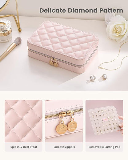 Lolalet Travel Jewelry Case for Women Girls, Travel Jewelry Organizer with Clear Storage Bag Small Portable Jewelry Box for Necklace Bracelet Earring Ring Valentines Bridesmaid Gifts -Large/Pink