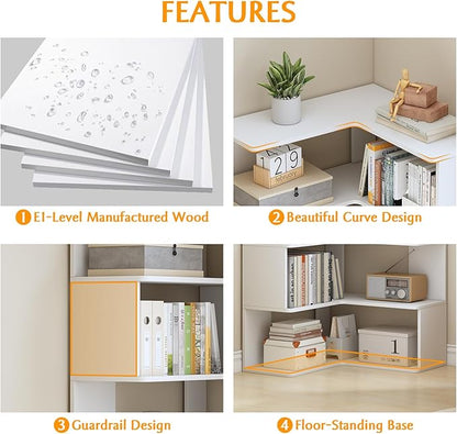IOTXY 6-Tier L-Shaped Corner Bookshelf - 66" Tall Wooden Freestanding Bookcase with Open Shelf Units, White