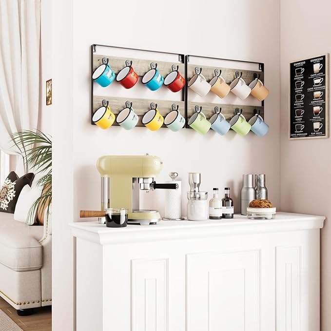 IBUYKE Wall-Mounted Mug Rack Set of 3, 24-Hook Large Coffee Display Organizer for Kitchen, Home, Bar, Coffee Station - Rustic Wood, Greige TBJ005Y-3