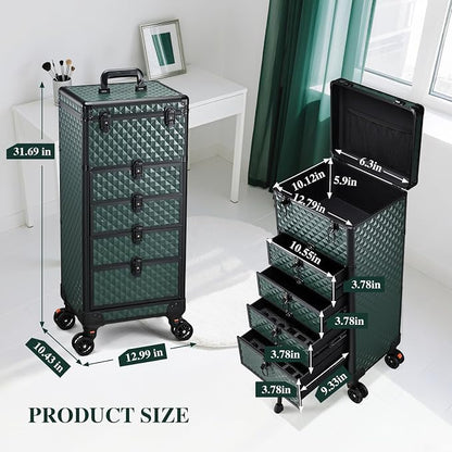 Yueieoun Nail Salon Cart with 4 Drawers,Rolling Makeup Train Case for Beauty,Cosmetology Case on Wheels Trolley Cart,Lockable Organizer Travel Case for Manicure/Face Painting/Hairstylist,DARK GREEN