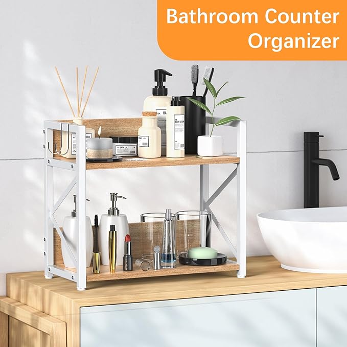 RUILALIFE Spice-Rack-Organizer-Shelf for Kitchen Counter, 2 Tiers Coffee Bar Station Organizer for Countertop，Space Saving Desk Shelving Riser Unit (Maple, Medium)