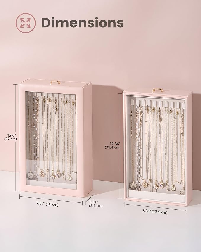 Lolalet Upgraded Double-Sided Hanging Necklace Organizer Box, Jewelry Display Case with Double-Sided Clear Window for Necklaces Bracelets, Tangle-Free Necklace Storage Box, Pink, 1-Layer 20 Hooks