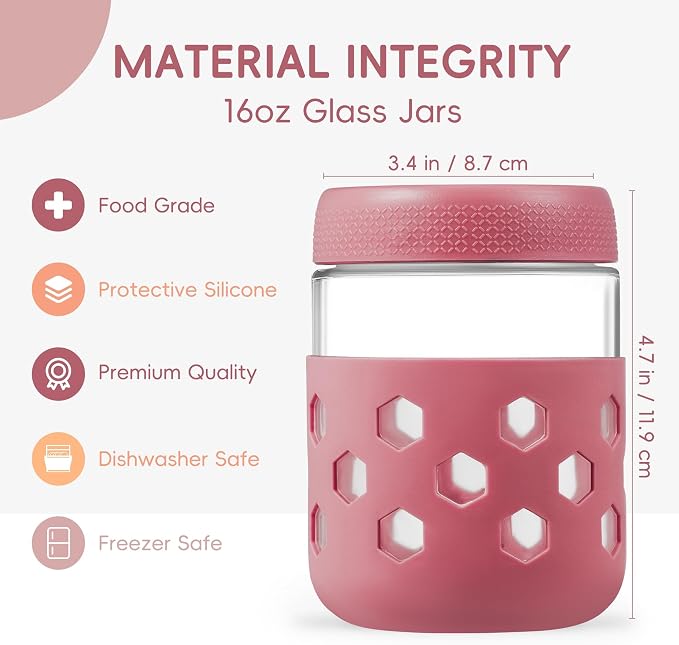 MICEBAY 16oz Overnight Oats Containers with Silicone Sleeves, 4-Pack Wide Mouth Glass Mason Salad Jars with Airtight Lids, BPA-Free Dishwasher Safe Leak-Proof Chia Seed Pudding Jar Meal Prep Container