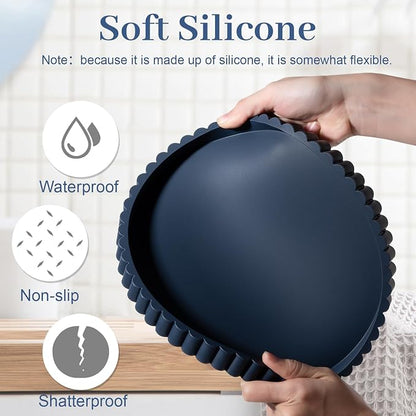 Round Bathroom Tray Silicone Kitchen Counter Decor Vanity Organizer Decorative Coffee Table Tray for Perfume, Candle, Soap Dish, 10 Inch, Dark Blue