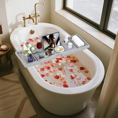 Bathtub Tray Caddy, Expandable Bath Trays for Tub, Bamboo Shelf & Table with Wine Glass Holder,Bathroom Accessories for New Home & Mothers Day & Birthday Gifts for Mom,Gray