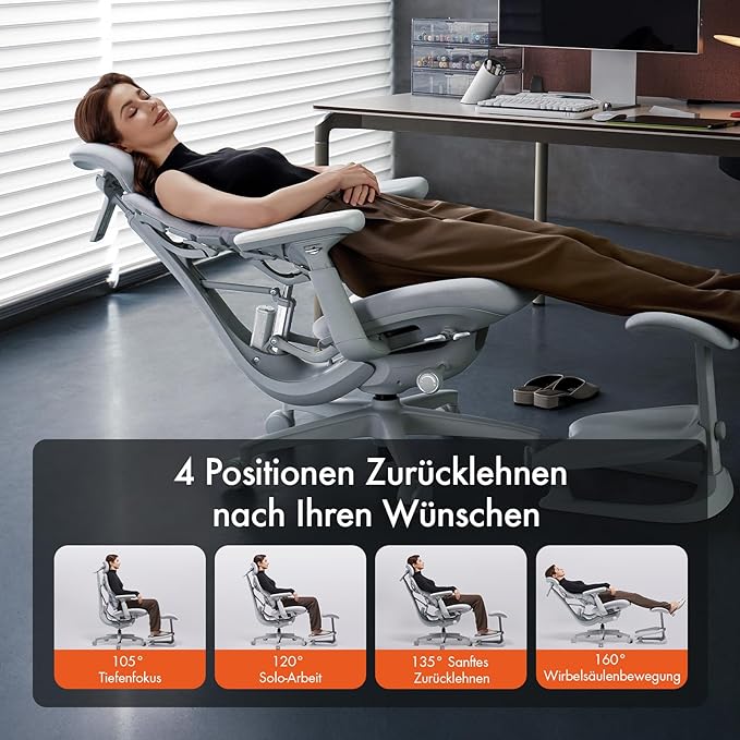 LiberNovo Dynamic Ergonomic Desk Chair + StepSync Footrest Bundle - Comfy Home Office Chair with Adaptive Lumbar Support, 160° Recline & Built-in Spine Stretch, Gray+48cm