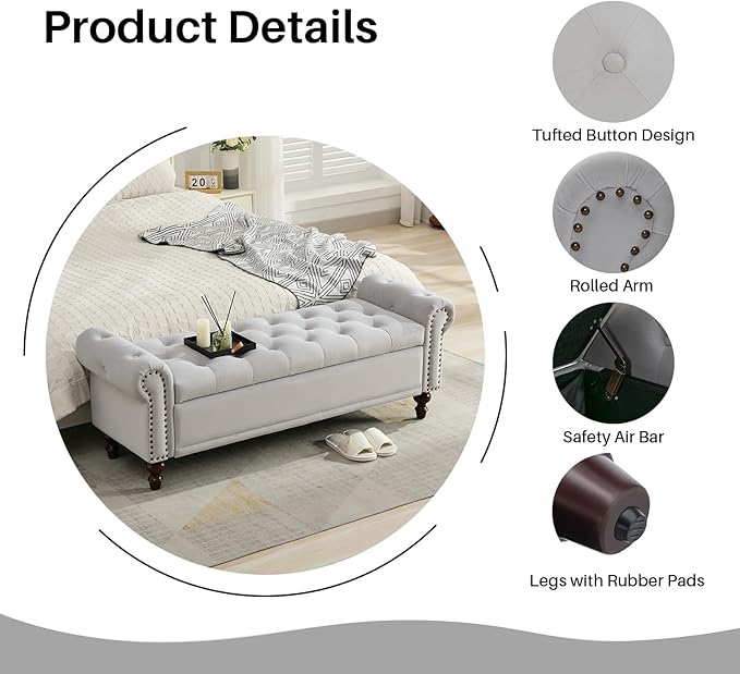 58.1" Storage Bench Upholstered Velvet End of Bedroom Bed Bench Ottoman with Tufted Cushioned Rolled Arm Large Storage Space for Reading Living Room Entryway, Light Grey