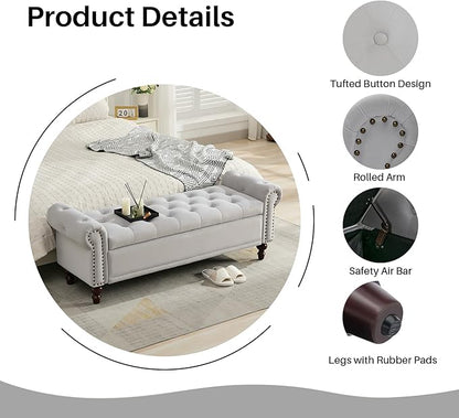58.1" Storage Bench Upholstered Velvet End of Bedroom Bed Bench Ottoman with Tufted Cushioned Rolled Arm Large Storage Space for Reading Living Room Entryway, Light Grey