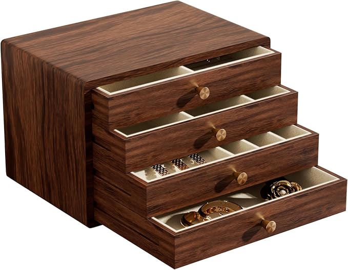 GENUINED Large Black Walnut Wooden Jewelry Box, High End Jewelry Organizer, Vintage Style for Watch Necklace Ring Earring Storage, Anniversary Birthday Gifts for Women(4 Layer)