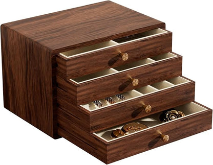 GENUINED Large Black Walnut Wooden Jewelry Box, High End Jewelry Organizer, Vintage Style for Watch Necklace Ring Earring Storage, Anniversary Birthday Gifts for Women(4 Layer)