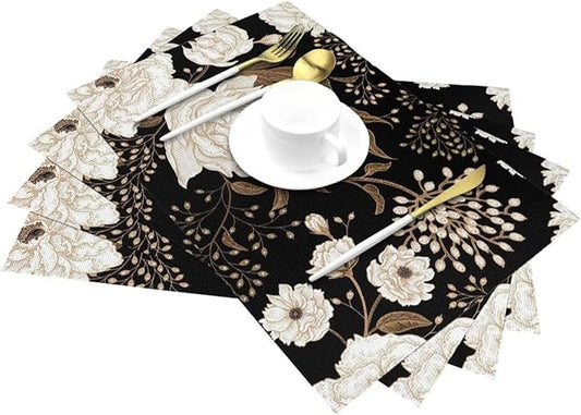 Placemats Set of 4 Vintage Peony Place Mats Beige Floral Leave Rustic Black Woven Table Mats Washable Beige Flower PVC Placemat for Dining Kitchen Decor Indoor Outdoor, 12 x 18 Inch
