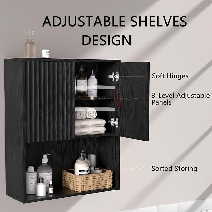Fluted Bathroom Wall Cabinet Over The Toilet Storage,Wall Mounted Cabinet with Adjustable Shelf,Floating Cabinet Organizer Hanging Cabinet,Kitchen and Laundry Room Cabinets (Black, 1 PC)