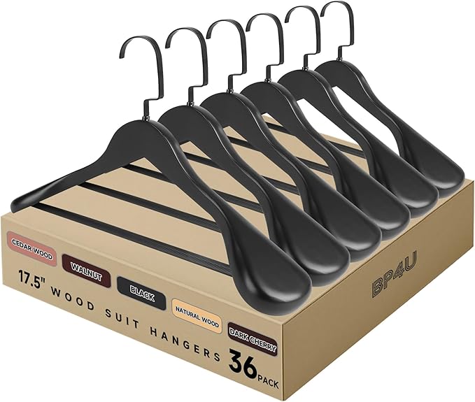36-Pack Premium Wide Shoulder Wooden Suit Hangers, 17.5" Heavy-Duty Solid Wood Coat Hangers with Pant Bar for Men's Heavy Garments, Blazers, Jackets (Black)