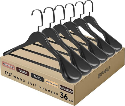 36-Pack Premium Wide Shoulder Wooden Suit Hangers, 17.5" Heavy-Duty Solid Wood Coat Hangers with Pant Bar for Men's Heavy Garments, Blazers, Jackets (Black)