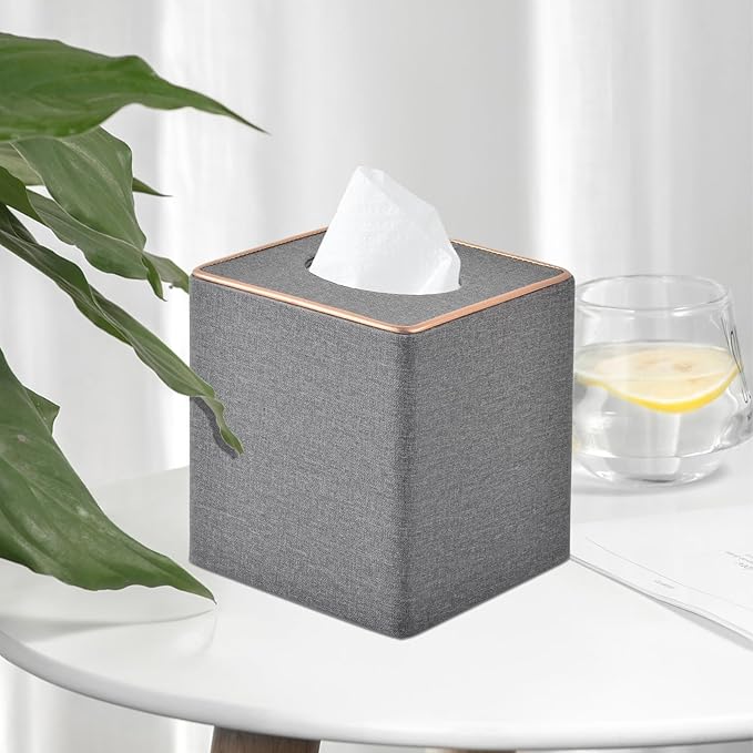RHCSZ Linen Square Tissue Box Holder Cube Tissue Box Cover－Rosegold Leather Recorate,Napkin Holder Case Dispenser, Tissue Holders with Magnetic Bottom for Home Office Car Hotel Restaurant,Grey