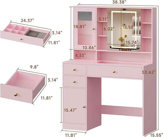 Vanity Desk with Mirror and Lights, Pink Vanity with Lighted Mirror and RGB Cabinet & Jewelry Organizers, Makeup Vanity Desk with Lights, Glass Top Dressing Table for Girls Bedroom