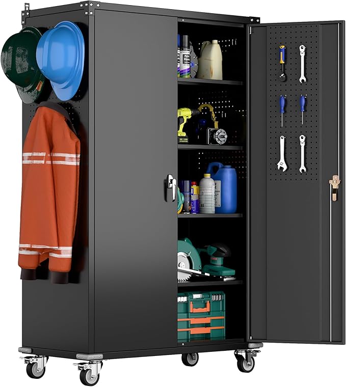 43.3"Wx21.9"Dx72"H Upgraded Wide and Deep Garage Storage Cabinet with Wheels and Doors,Metal Storage Cabinet with Pegboards and 4 Adjustable Shelves for Garage Home Basement,Required Assembly,Black