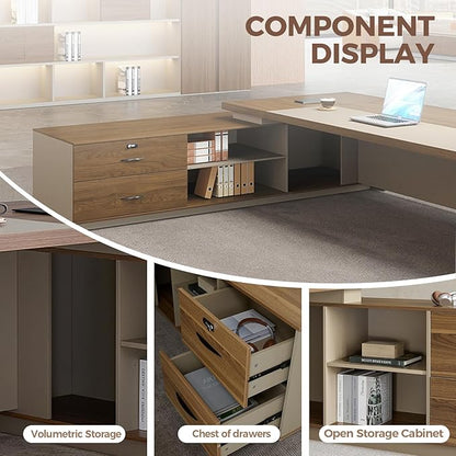 79" L Shaped Executive Desk with Lockable Drawers & Cabinet, Large Modern Executive Office Desk with Cable Management Box, Privacy Panel for Home Office (Champagne Wood Grain + Beige, Left)