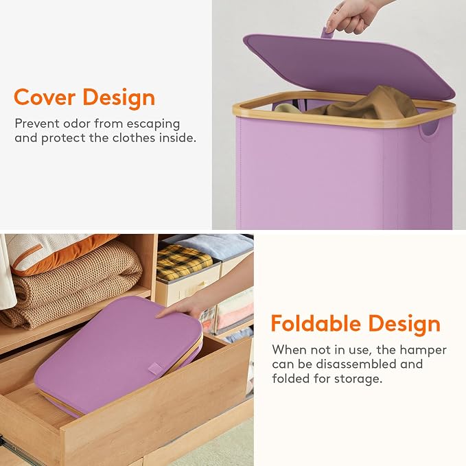 Lifewit 80L Laundry Basket with Lid, Clothes Hampers for Laundry with Bamboo Handles and 1 Removable Bag, Large Foldable Laundry Hamper for Bedroom, Bathroom, Dorm, Laundry Room, Purple